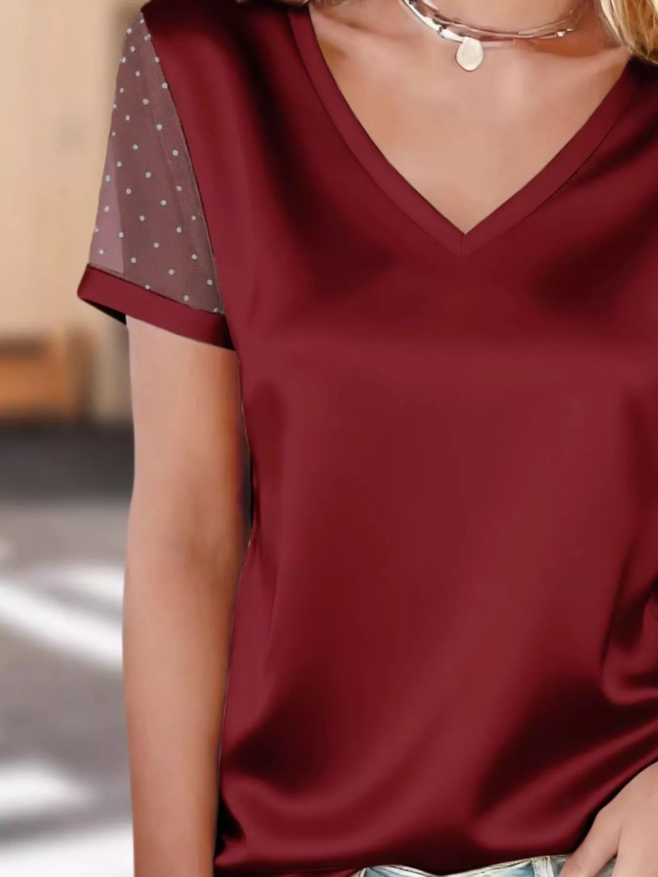 Sheer Sleeve V - Neck Top - MegaSuperStar
