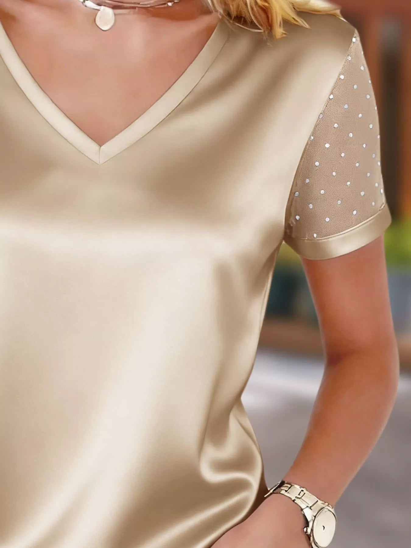Sheer Sleeve V - Neck Top - MegaSuperStar
