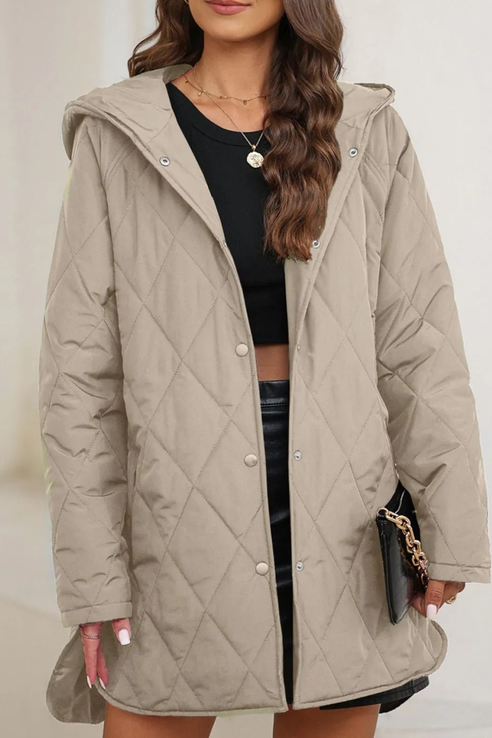 Snap Down Long Sleeve Quilted Winter Coat - MegaSuperStar