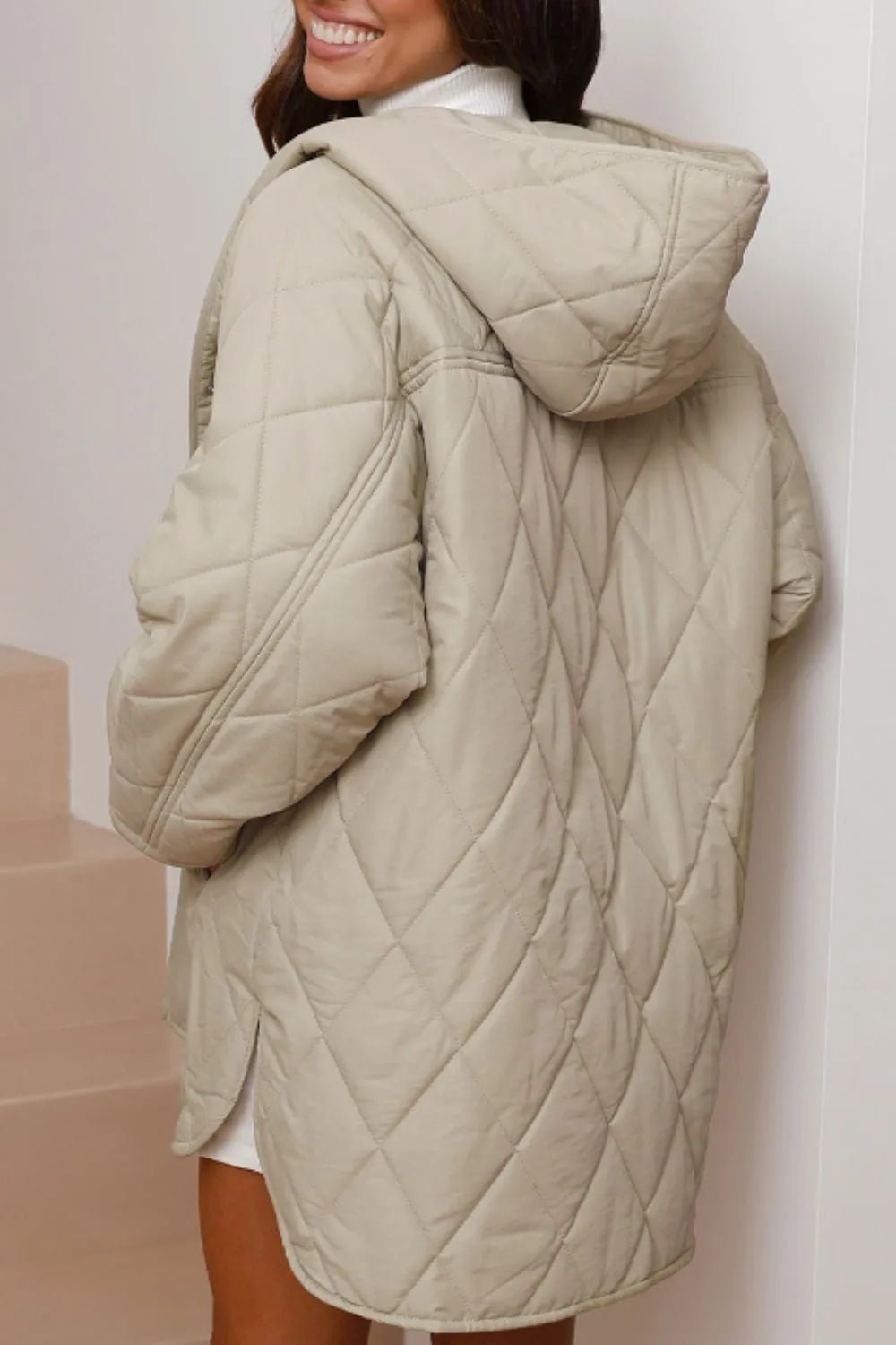 Snap Down Long Sleeve Quilted Winter Coat - MegaSuperStar