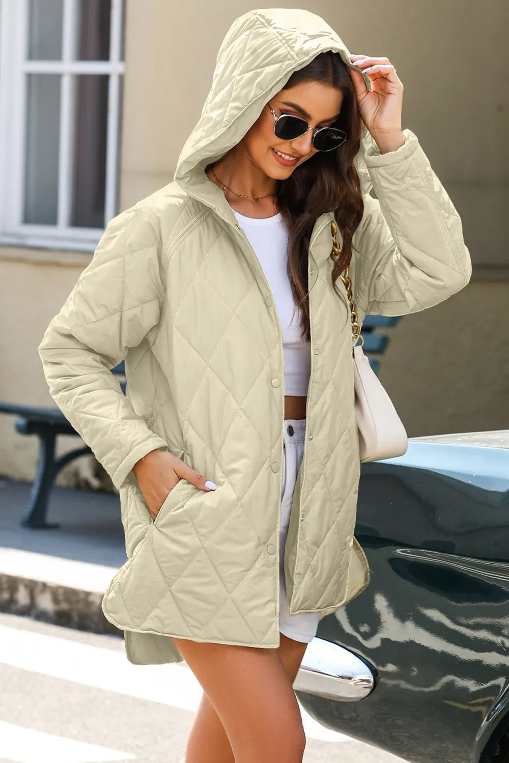 Snap Down Long Sleeve Quilted Winter Coat - MegaSuperStar