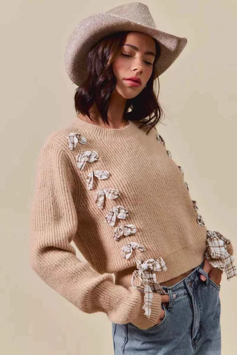 SO ME Checkered Plaid Lace Up Sweater - Ribbed Knit Style - MegaSuperStar