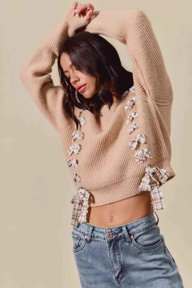 SO ME Checkered Plaid Lace Up Sweater - Ribbed Knit Style - MegaSuperStar