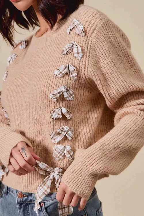 Customer styling 💕 SO ME Checkered Plaid Lace Up Sweater - Ribbed Knit Style 💕