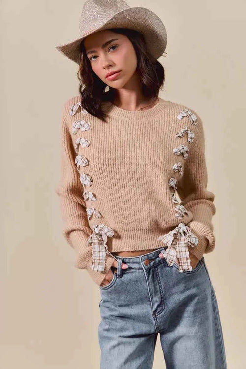 Customer styling 💕 SO ME Checkered Plaid Lace Up Sweater - Ribbed Knit Style 💕