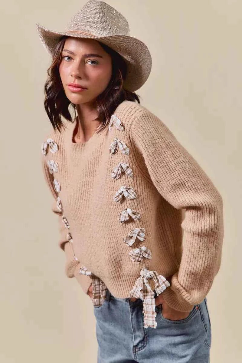 SO ME Checkered Plaid Lace Up Sweater - Ribbed Knit Style - MegaSuperStar