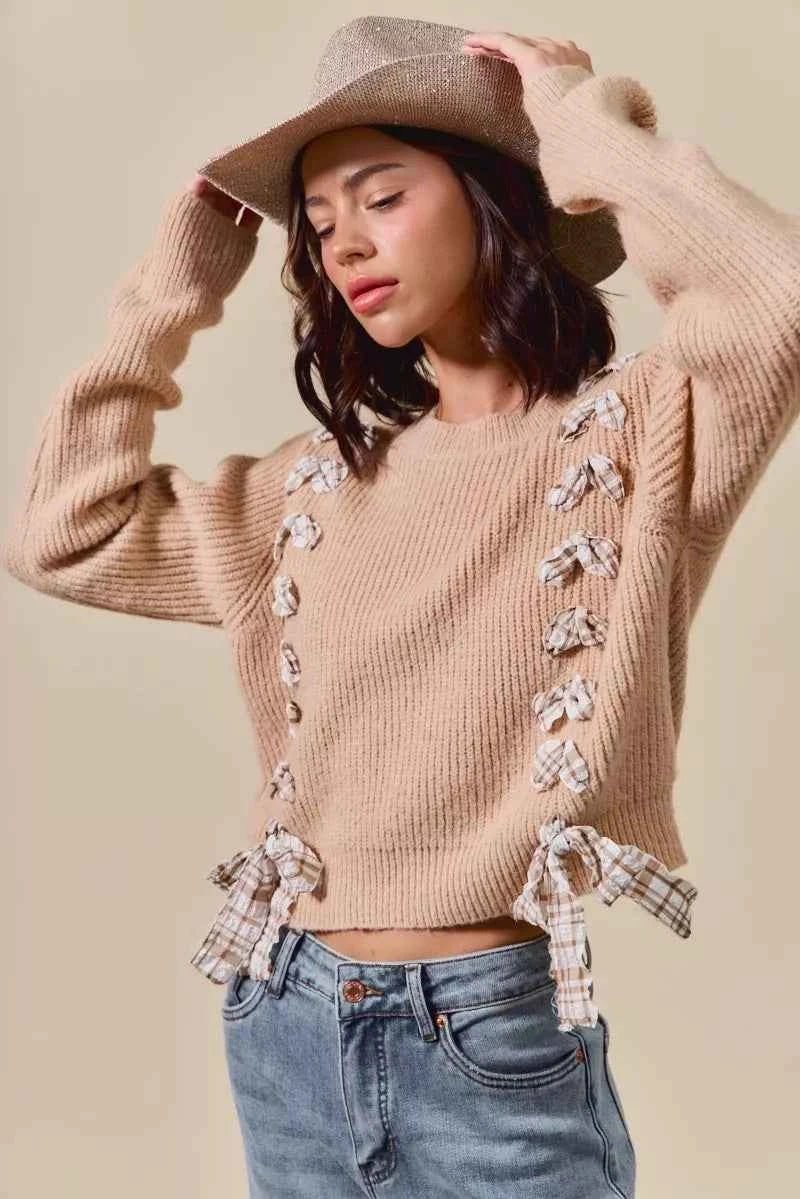 SO ME Checkered Plaid Lace Up Sweater - Ribbed Knit Style - MegaSuperStar