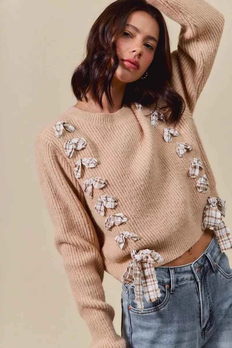 SO ME Checkered Plaid Lace Up Sweater - Ribbed Knit Style - MegaSuperStar