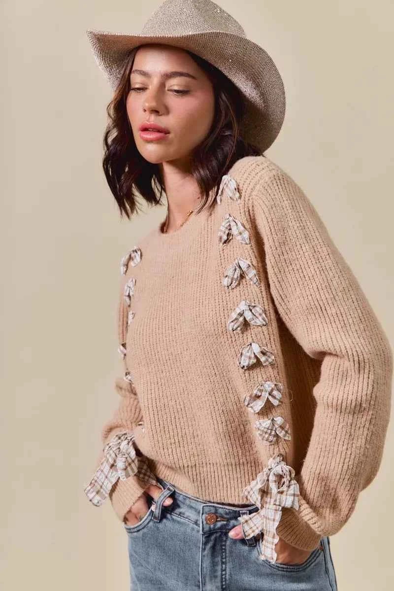 SO ME Checkered Plaid Lace Up Sweater - Ribbed Knit Style - MegaSuperStar