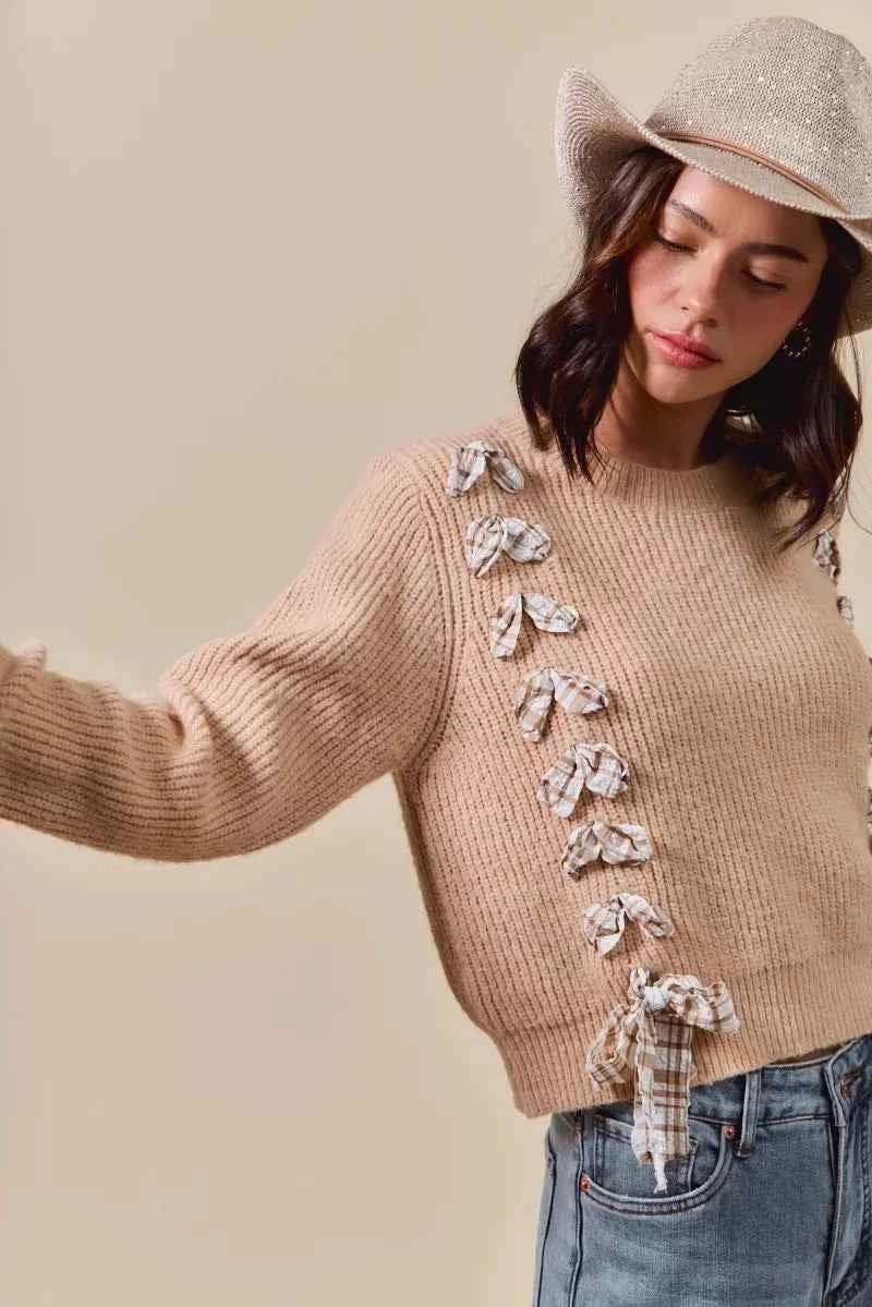 SO ME Checkered Plaid Lace Up Sweater - Ribbed Knit Style - MegaSuperStar