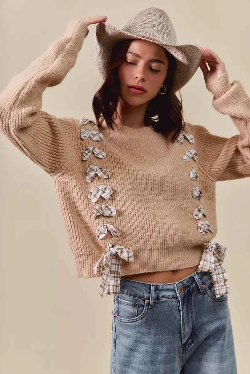 SO ME Checkered Plaid Lace Up Sweater - Ribbed Knit Style - MegaSuperStar