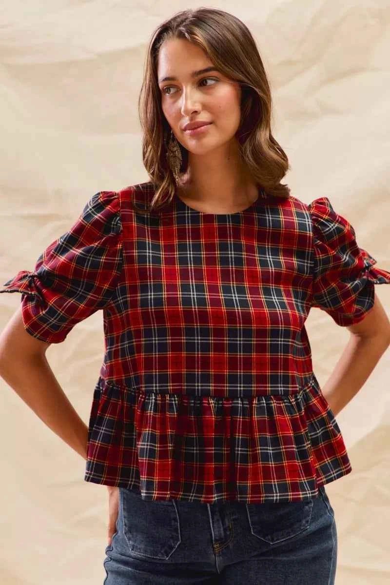 SO ME Christmas Plaid Ribbon Top with Short Sleeves for Holiday Style - MegaSuperStar