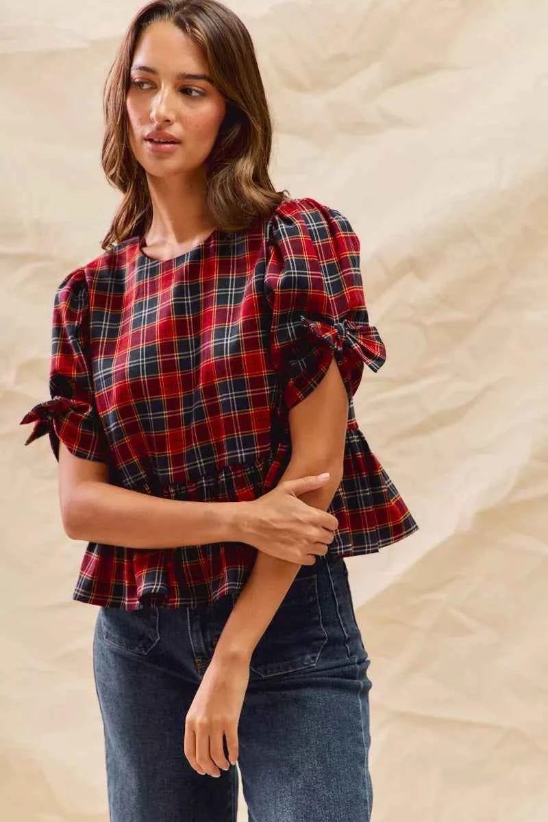 SO ME Christmas Plaid Ribbon Top with Short Sleeves for Holiday Style - MegaSuperStar
