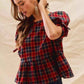 SO ME Christmas Plaid Ribbon Top with Short Sleeves for Holiday Style - MegaSuperStar
