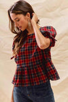 💖 SO ME Christmas Plaid Ribbon Top with Short Sleeves for Holiday Style 💖 thumbnail