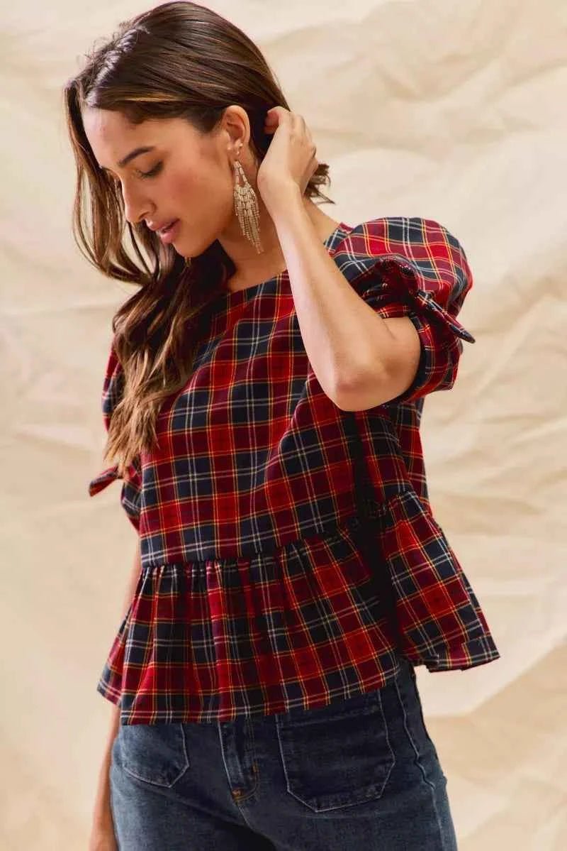 SO ME Christmas Plaid Ribbon Top with Short Sleeves for Holiday Style - MegaSuperStar