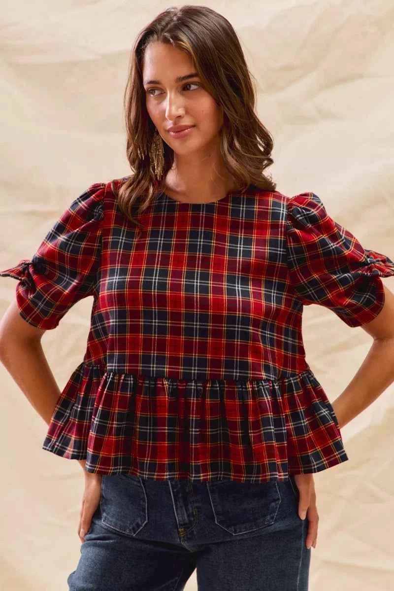 SO ME Christmas Plaid Ribbon Top with Short Sleeves for Holiday Style - MegaSuperStar