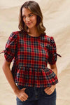 💖 SO ME Christmas Plaid Ribbon Top with Short Sleeves for Holiday Style 💖 thumbnail