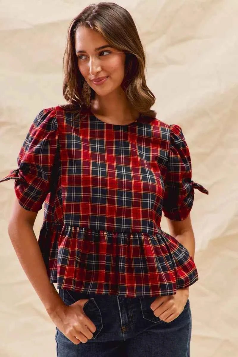 SO ME Christmas Plaid Ribbon Top with Short Sleeves for Holiday Style - MegaSuperStar
