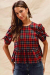 💖 SO ME Christmas Plaid Ribbon Top with Short Sleeves for Holiday Style 💖 thumbnail