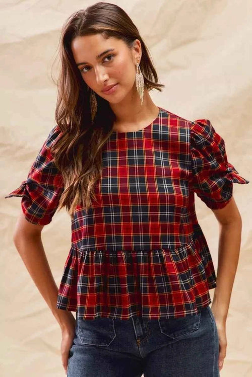 Customer styling 💖 SO ME Christmas Plaid Ribbon Top with Short Sleeves for Holiday Style 💖
