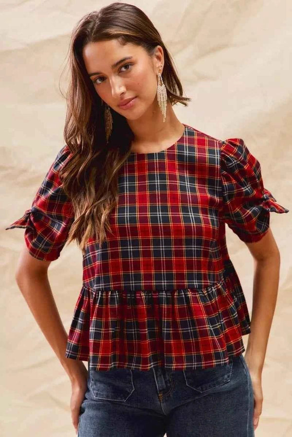 SO ME Christmas Plaid Ribbon Top with Short Sleeves for Holiday Style