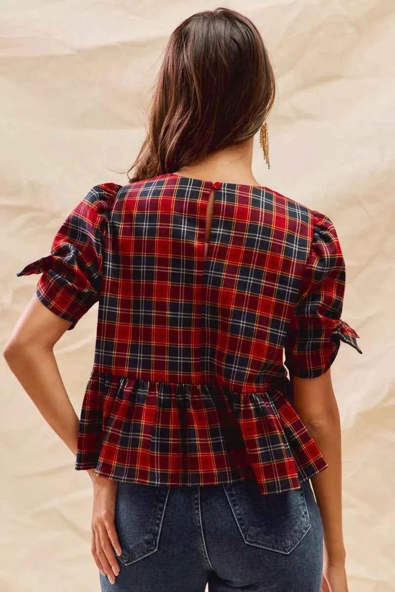 SO ME Christmas Plaid Ribbon Top with Short Sleeves for Holiday Style - MegaSuperStar