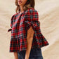 SO ME Christmas Plaid Ribbon Top with Short Sleeves for Holiday Style - MegaSuperStar