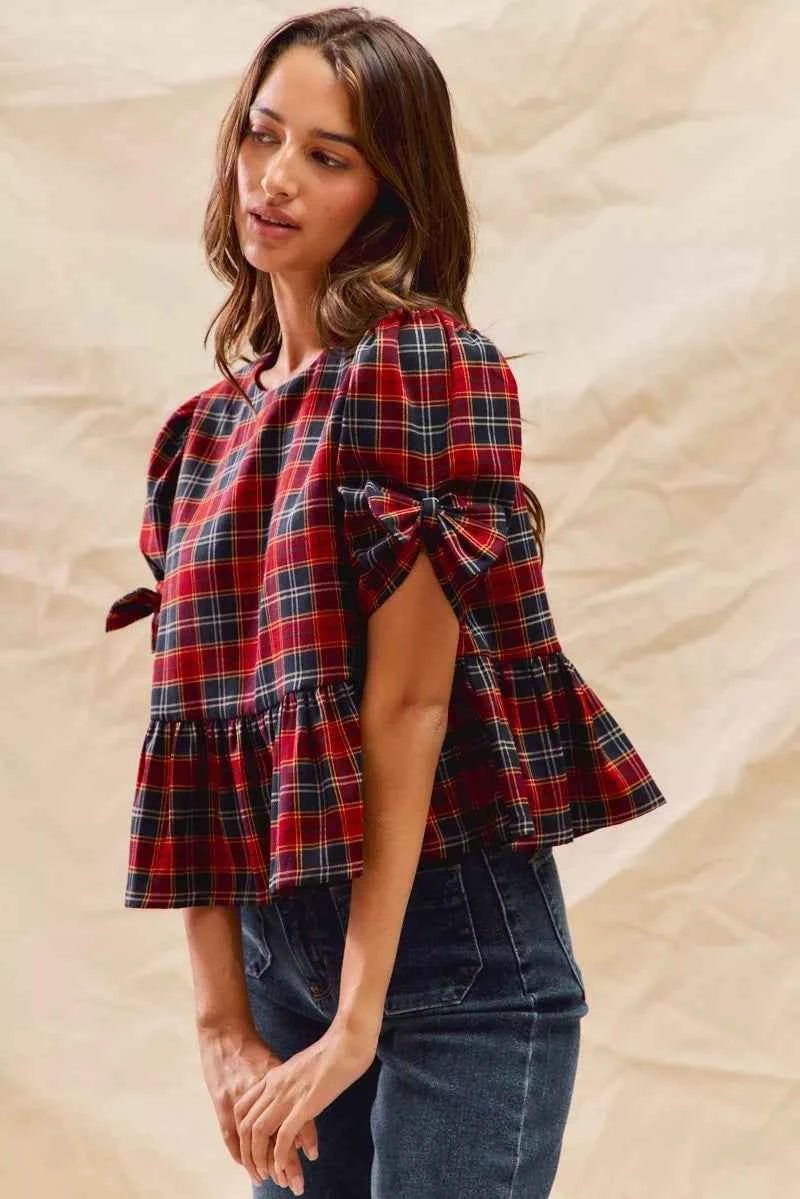 SO ME Christmas Plaid Ribbon Top with Short Sleeves for Holiday Style - MegaSuperStar