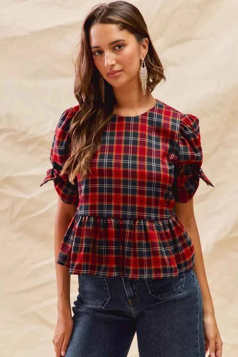SO ME Christmas Plaid Ribbon Top with Short Sleeves for Holiday Style - MegaSuperStar