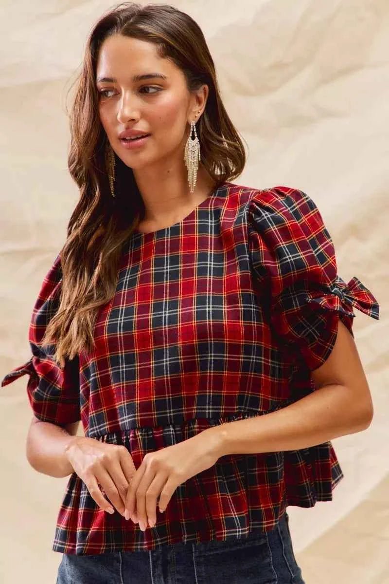 SO ME Christmas Plaid Ribbon Top with Short Sleeves for Holiday Style - MegaSuperStar