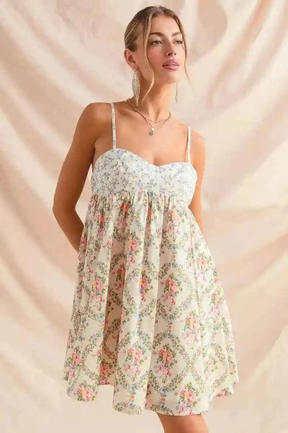 SO ME Floral Print Mini Dress - Mixed Floral Sleeveless Mini Dress - MegaSuperStar