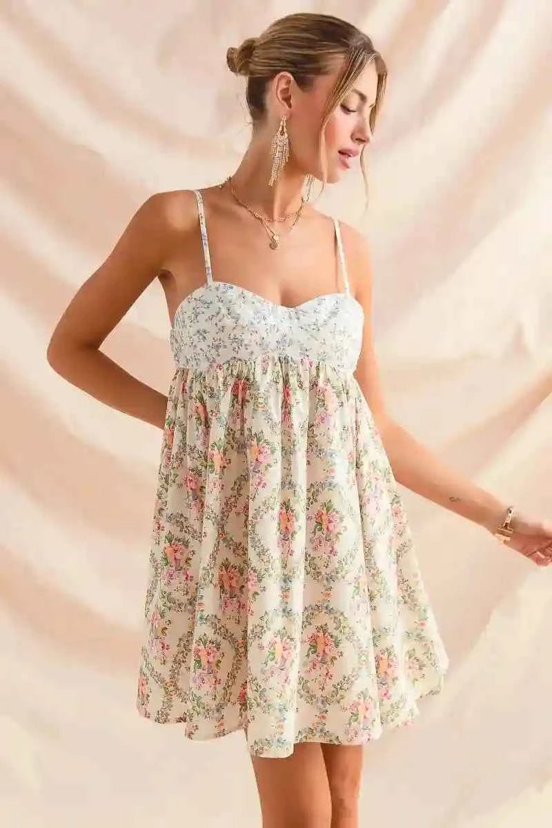 SO ME Floral Print Mini Dress - Mixed Floral Sleeveless Mini Dress - MegaSuperStar