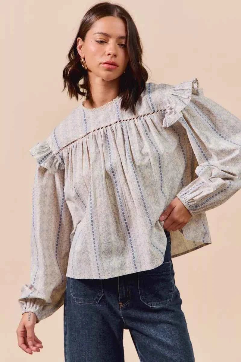 SO ME Floral Ruffled Long Sleeve Blouse - Stylish Cotton Print Top - MegaSuperStar