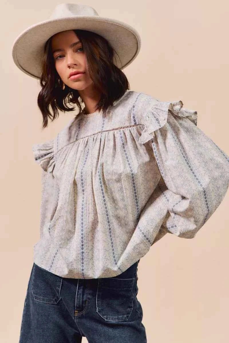 SO ME Floral Ruffled Long Sleeve Blouse - Stylish Cotton Print Top - MegaSuperStar