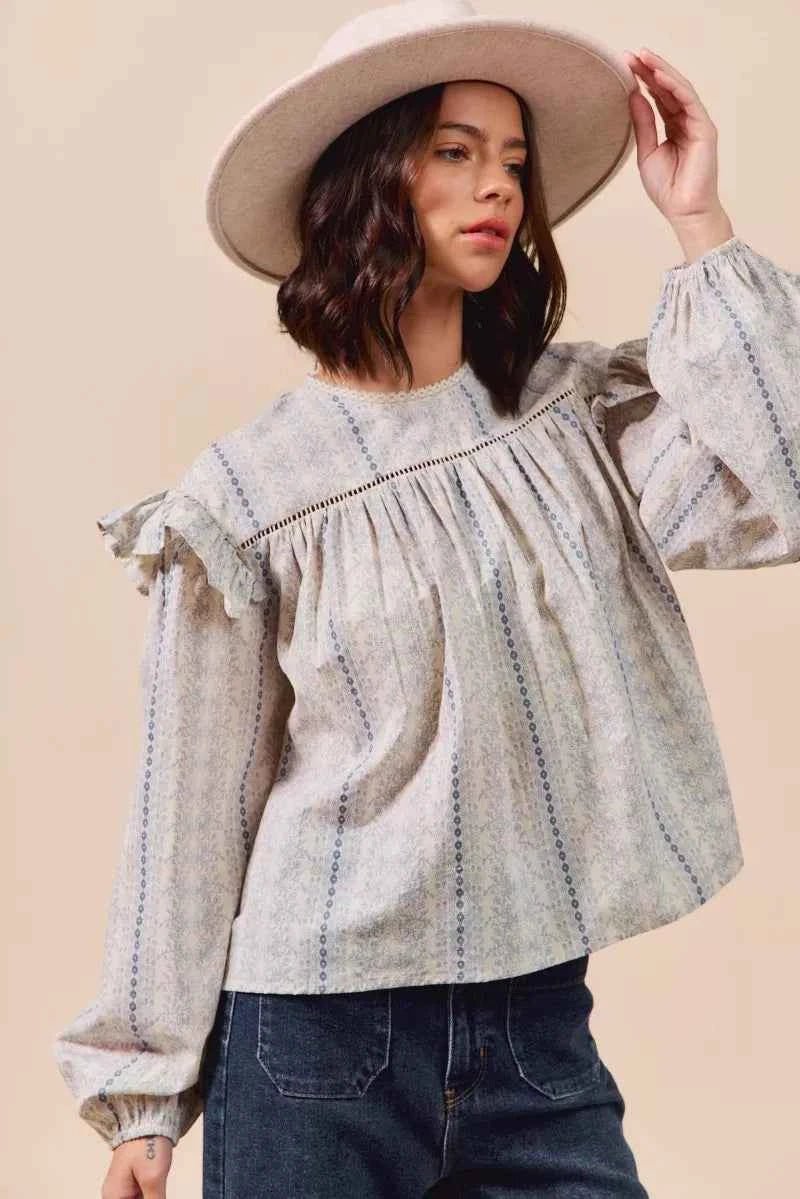 SO ME Floral Ruffled Long Sleeve Blouse - Stylish Cotton Print Top - MegaSuperStar