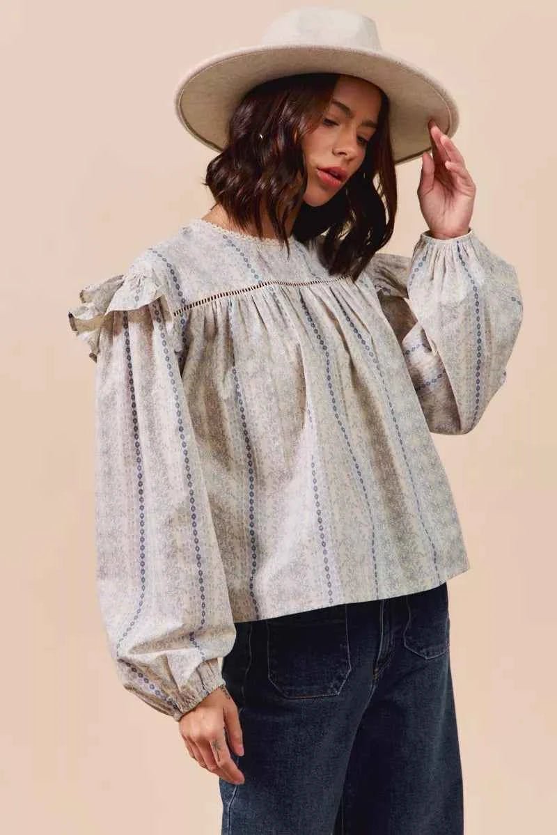 SO ME Floral Ruffled Long Sleeve Blouse - Stylish Cotton Print Top - MegaSuperStar