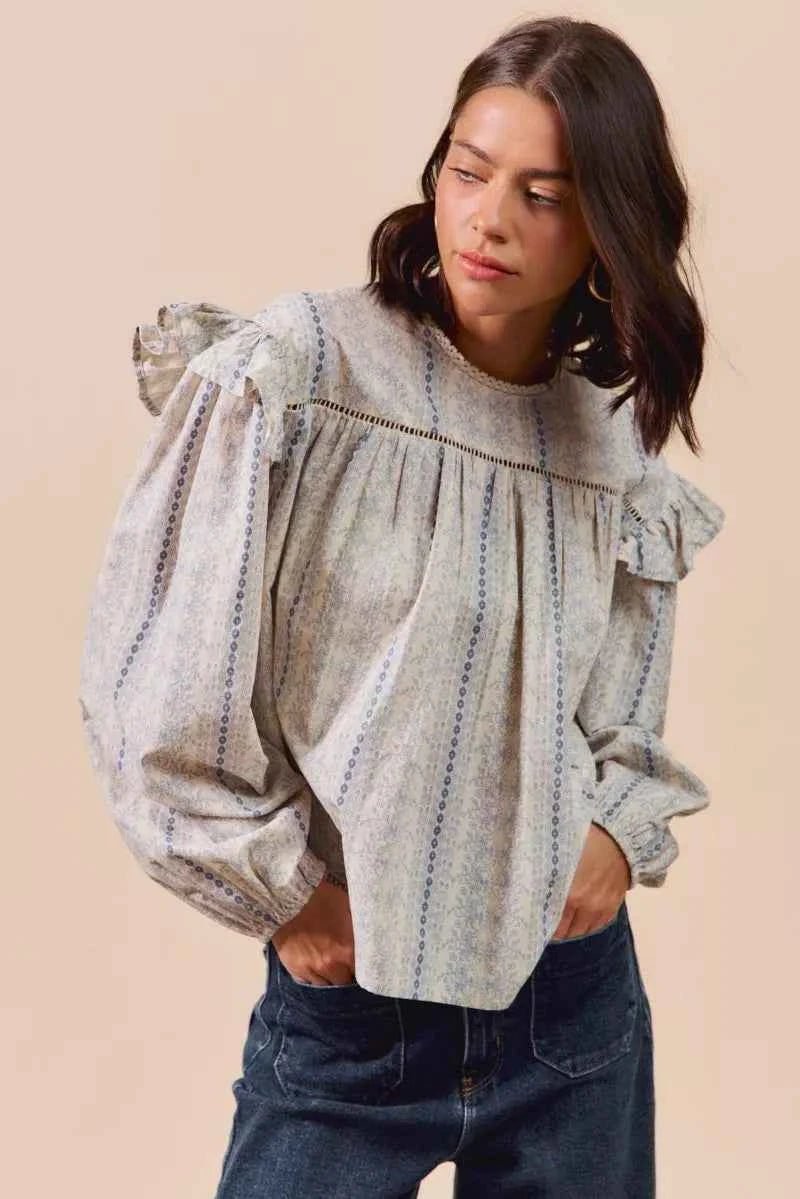 SO ME Floral Ruffled Long Sleeve Blouse - Stylish Cotton Print Top - MegaSuperStar