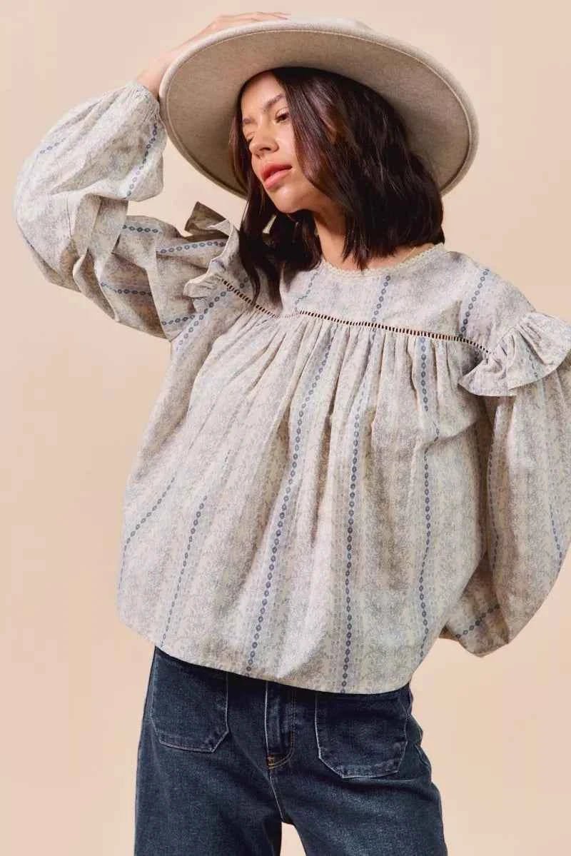 SO ME Floral Ruffled Long Sleeve Blouse - Stylish Cotton Print Top - MegaSuperStar