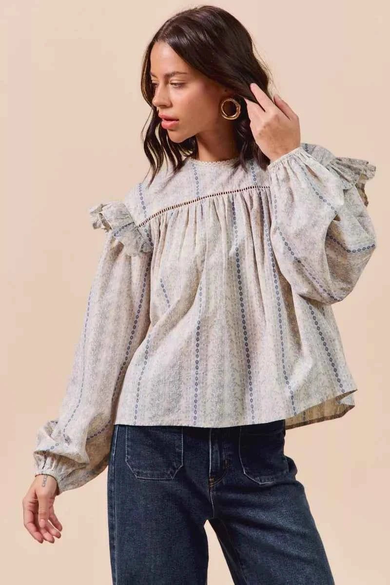 SO ME Floral Ruffled Long Sleeve Blouse - Stylish Cotton Print Top - MegaSuperStar