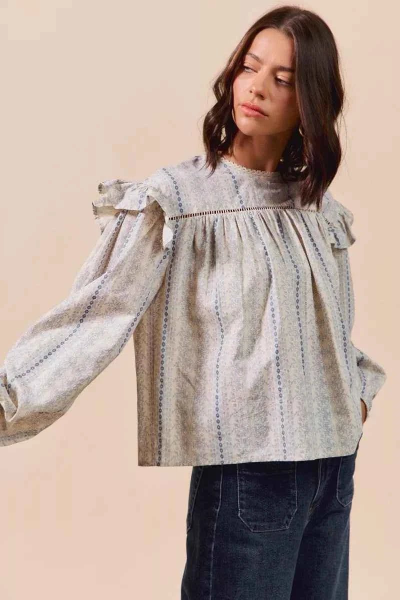 SO ME Floral Ruffled Long Sleeve Blouse - Stylish Cotton Print Top - MegaSuperStar