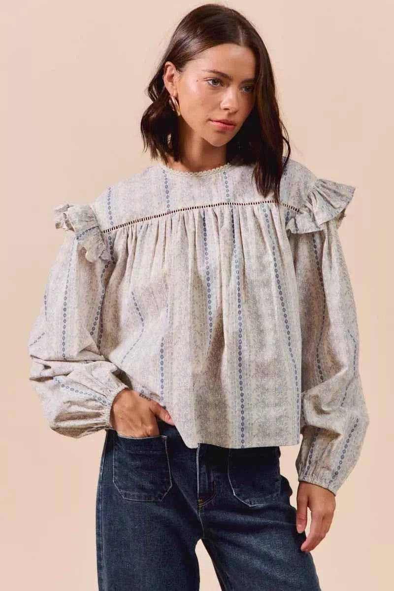 SO ME Floral Ruffled Long Sleeve Blouse - Stylish Cotton Print Top - MegaSuperStar