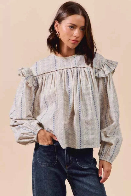 SO ME Floral Ruffled Long Sleeve Blouse - Stylish Cotton Print Top - MegaSuperStar