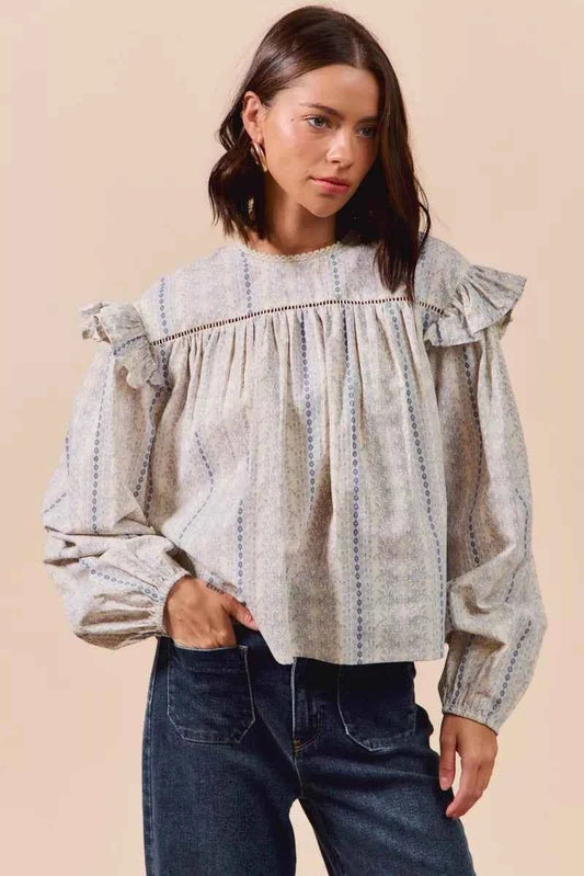 SO ME Floral Ruffled Long Sleeve Blouse - Stylish Cotton Print Top - MegaSuperStar