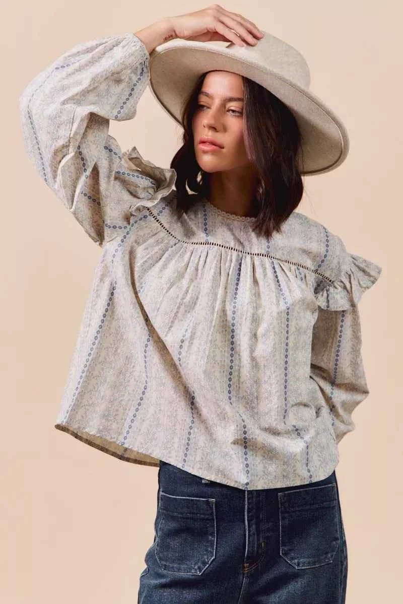 SO ME Floral Ruffled Long Sleeve Blouse - Stylish Cotton Print Top - MegaSuperStar