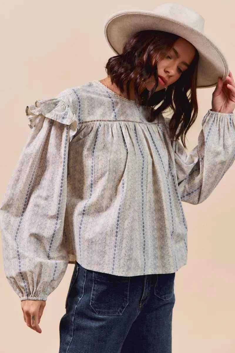 SO ME Floral Ruffled Long Sleeve Blouse - Stylish Cotton Print Top - MegaSuperStar
