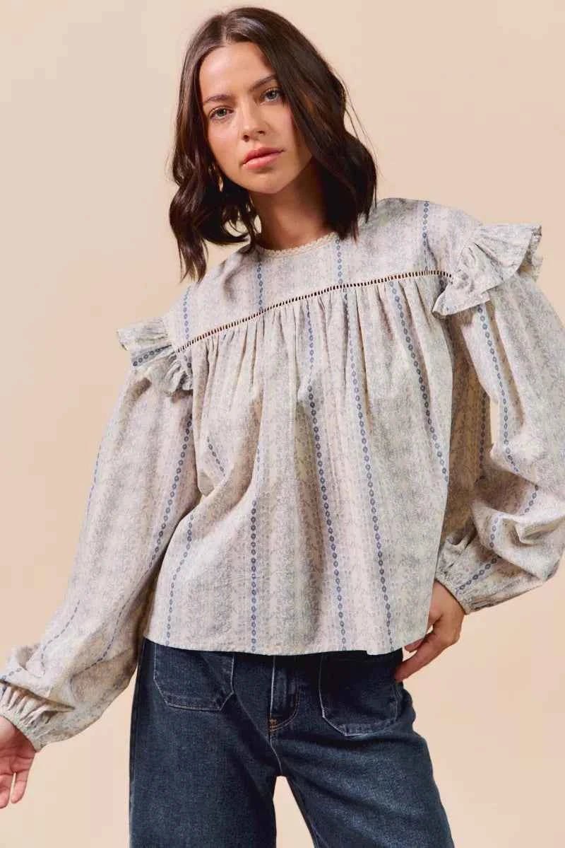 SO ME Floral Ruffled Long Sleeve Blouse - Stylish Cotton Print Top - MegaSuperStar