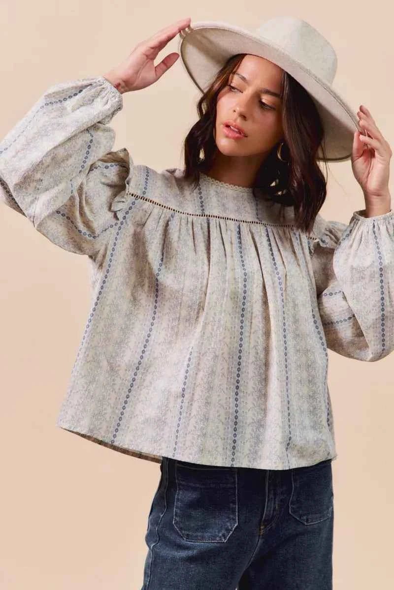SO ME Floral Ruffled Long Sleeve Blouse - Stylish Cotton Print Top - MegaSuperStar