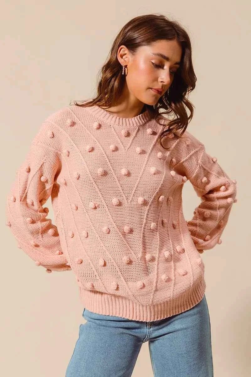 SO ME Pom Pom Knit Sweater Top - Textured Knit for Cozy Style - MegaSuperStar