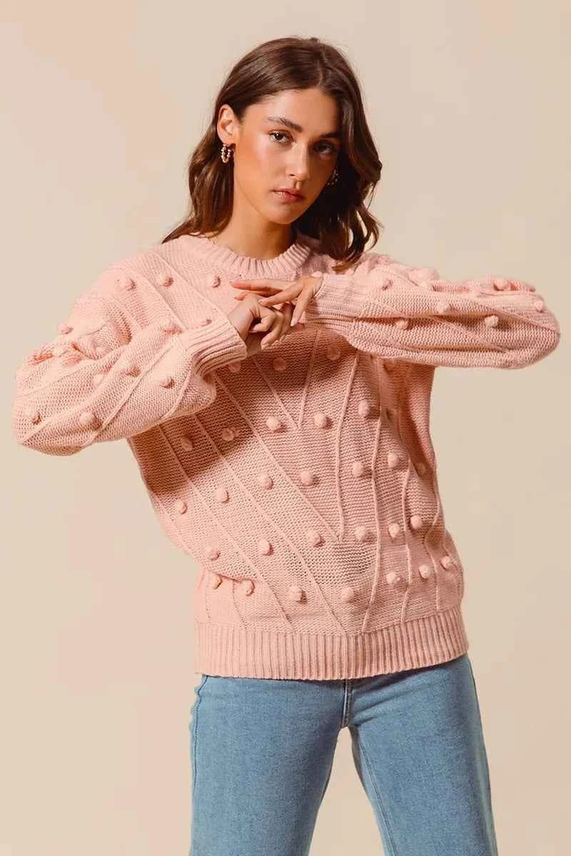 SO ME Pom Pom Knit Sweater Top - Textured Knit for Cozy Style - MegaSuperStar